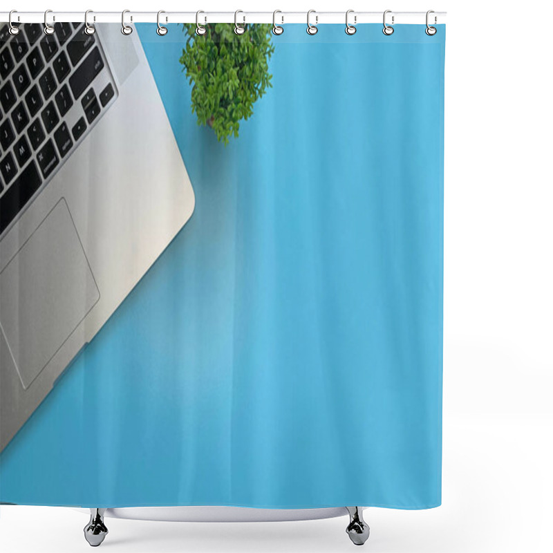 Personality  Top View Flat Lay Of Home Workspace Setup: Laptop And Floral Touch Shower Curtains