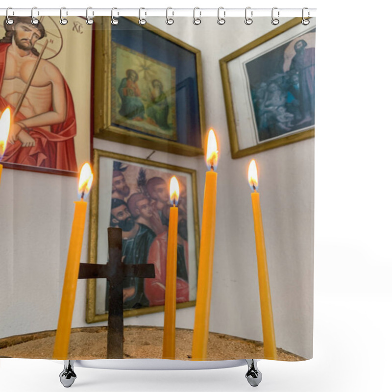 Personality  Inside The Orthodox Church, A Collection Of Lit Candles Stands Before A Small Black Cross, With Framed Religious Icons Adorning The Background Walls, Creating A Serene And Reverent Atmosphere Shower Curtains