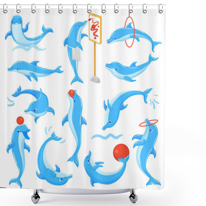 Personality  Dolphin Vector Seafish Character Drawing Or Dolphinfish Playing Undersea Illustration Sealife Set Of Blue Fish In Dolphinarium Isolated On White Background Shower Curtains