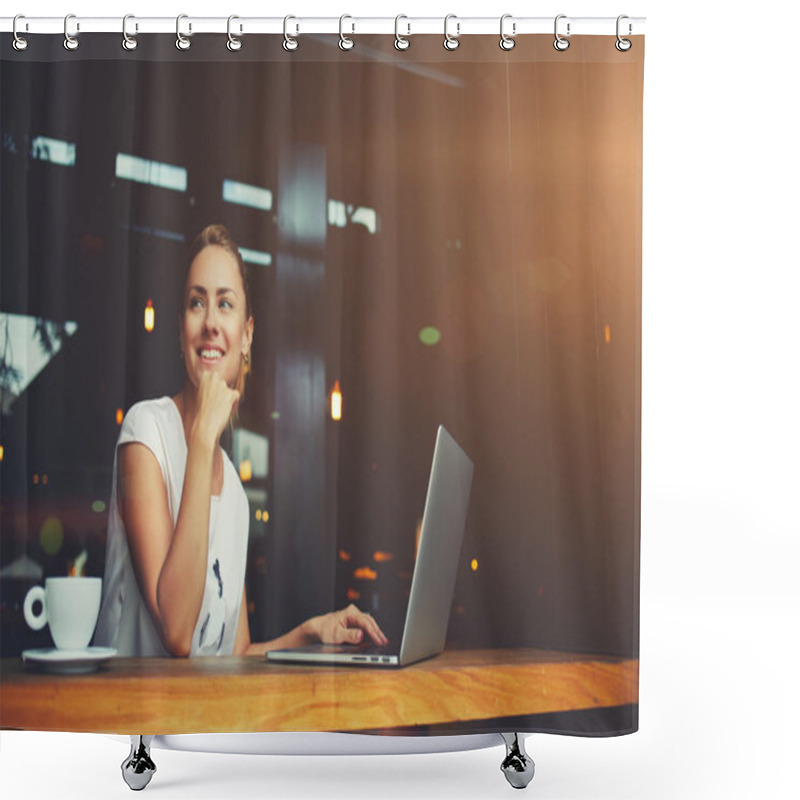 Personality  Charming Happy Woman Student Using Laptop Computer To Prepare For The Course Work  Shower Curtains