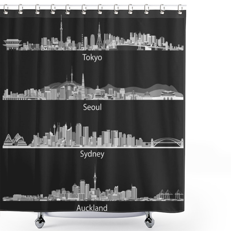 Personality  Abstract Vector Illustrations Of Tokyo, Seoul, Sydney And Auckland Skylines At Night Shower Curtains