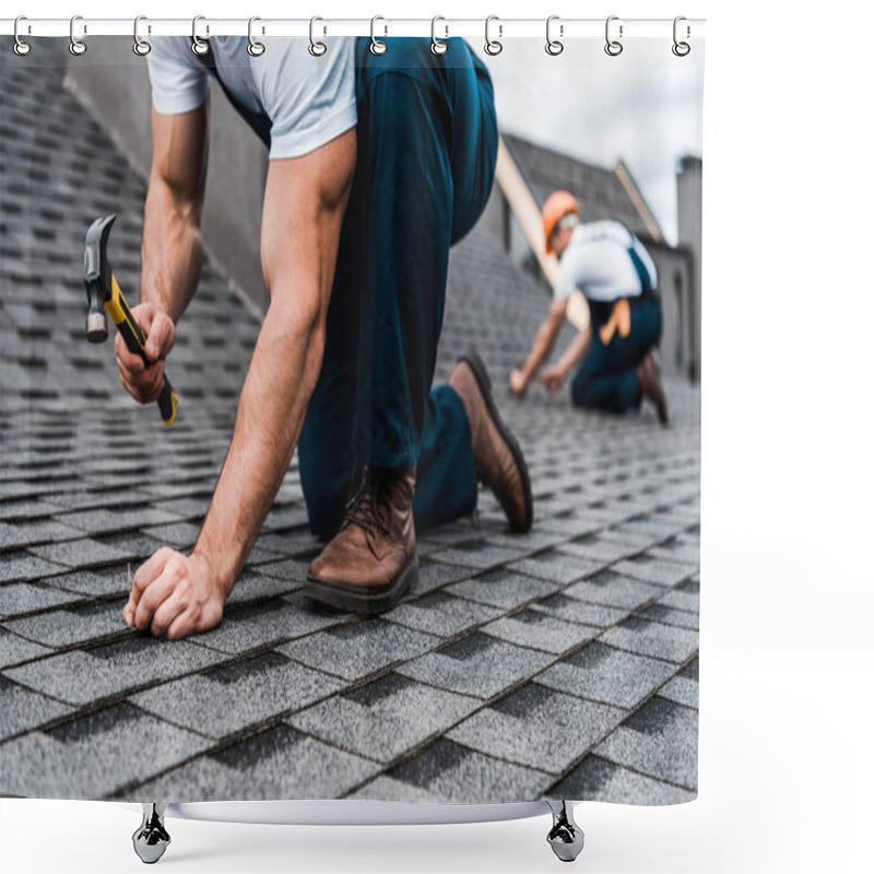 Personality  Cropped View Of Repairmen In Uniform Working On Rooftop  Shower Curtains