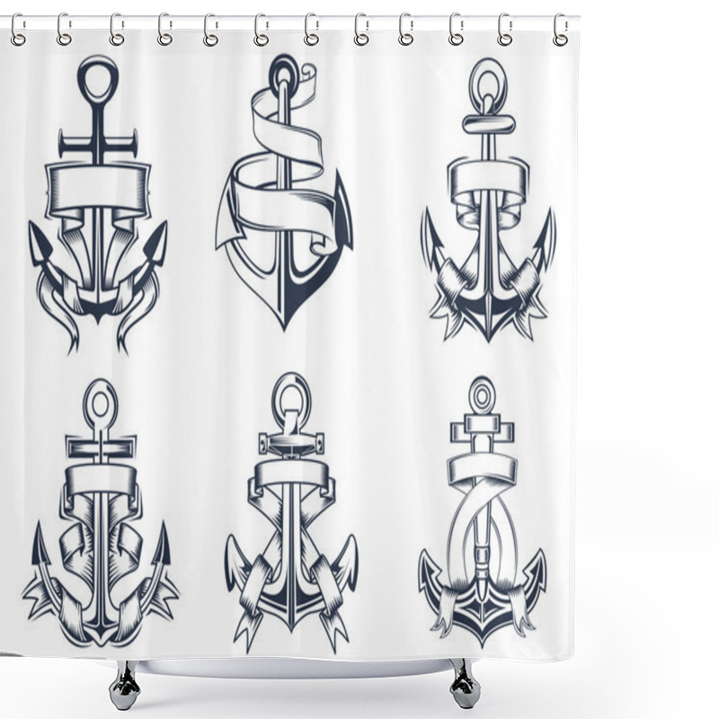 Personality  Marine Themed Ships Anchor Icons With Ribbons Shower Curtains