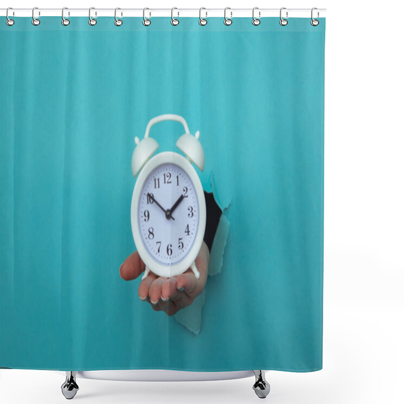 Personality  Woman Hand Holds Alarm Clock Through A Blue Paper Hole. Time Management And Deadline Concept Shower Curtains