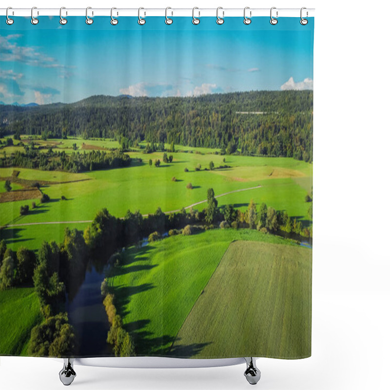 Personality  Aerial View Of Unica Or Unec River On Planinsko Polje Field In The Late Summer. Green Fields And Forests Seen From Above. Shower Curtains