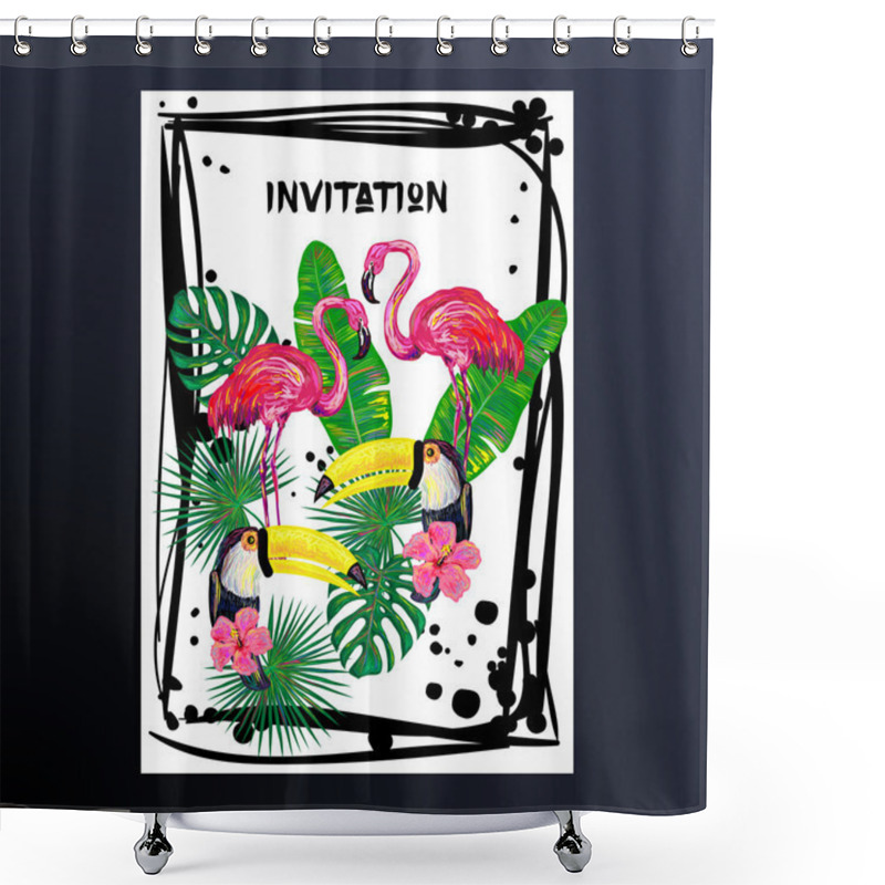 Personality  Invitation With Pink Flamingo, Toucan Bird, Tropical Exotic Flowers And Leaves Shower Curtains