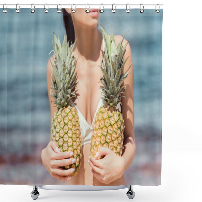 Personality  Partial View Of Woman In White Swimsuit Holding Fresh Pineapples Near The Sea Shower Curtains