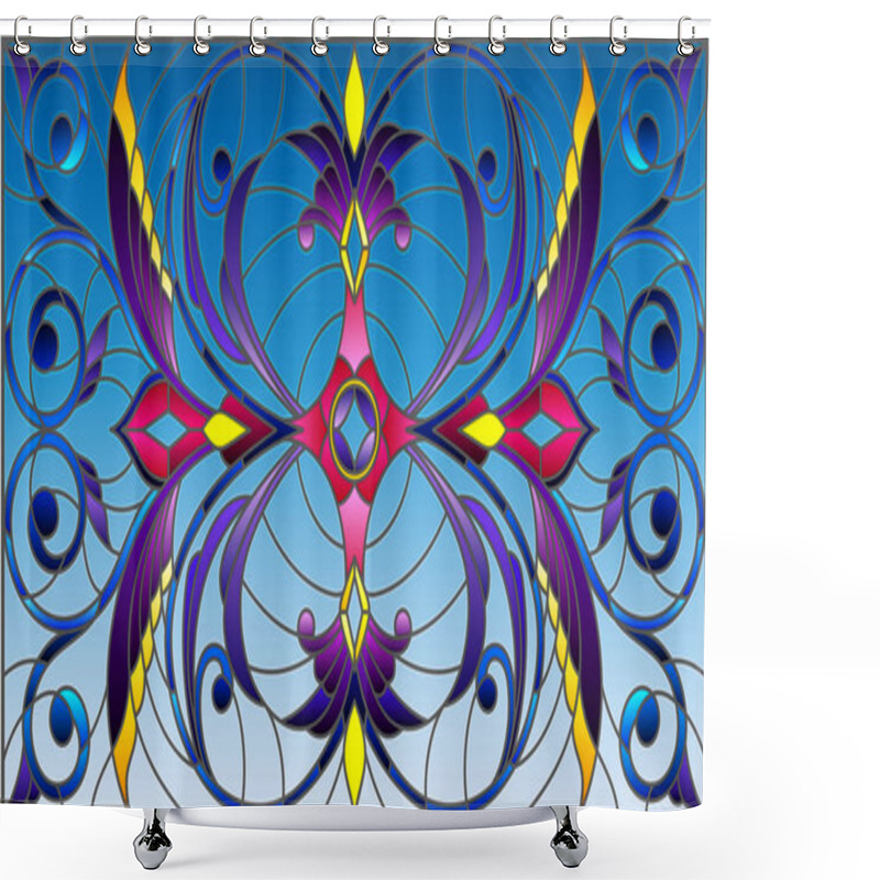 Personality  Illustration In Stained Glass Style With Abstract  Swirls,flowers And Leaves  On A Blue Background,horizontal Orientation Shower Curtains