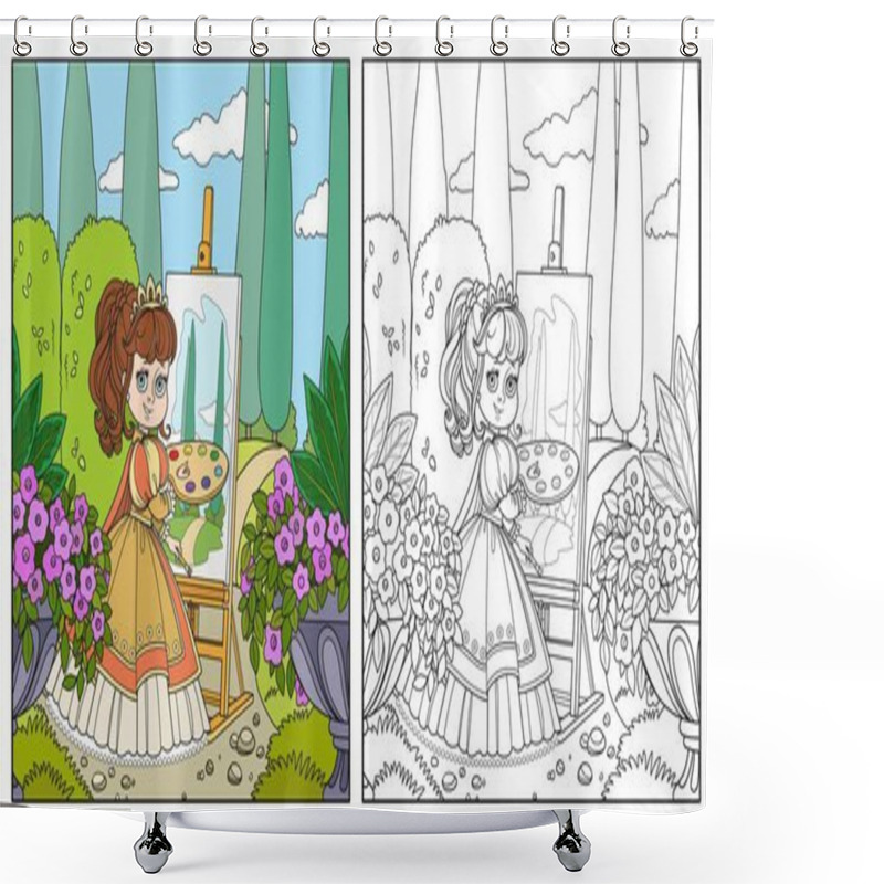 Personality  Beautiful Princess With A Palette, Brush And Easel Draws In The Park Color And Outlined Picture For Coloring Book On White Background Shower Curtains