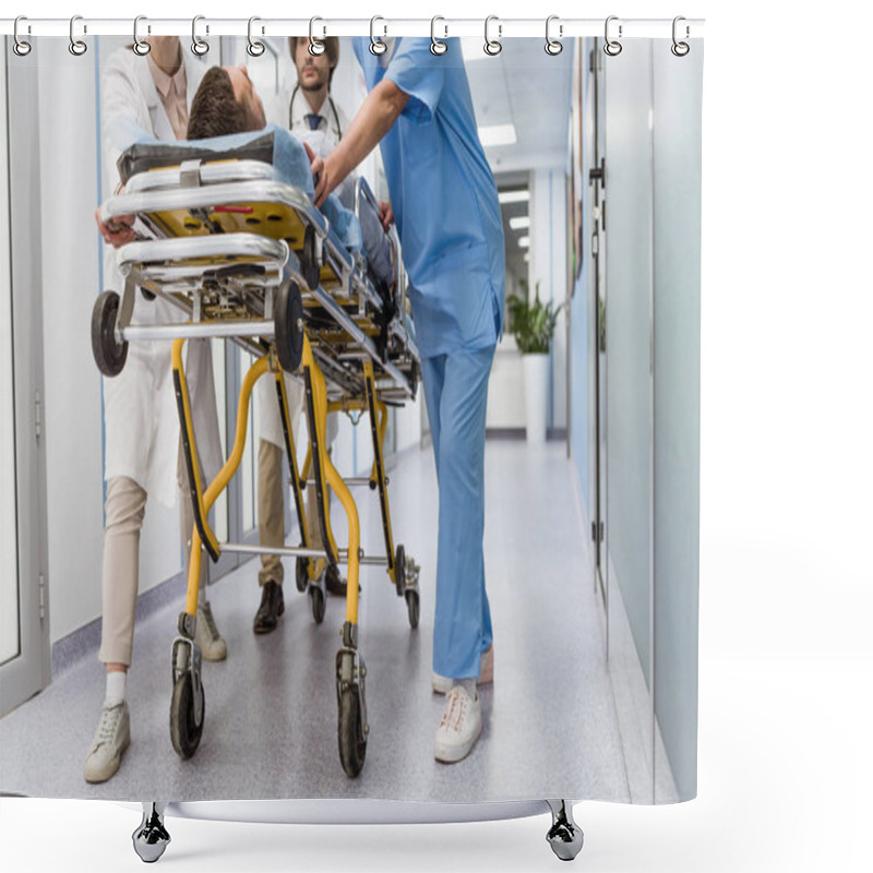 Personality  Cropped View Of Doctors And Nurse Transporting Unconscious Patient Shower Curtains