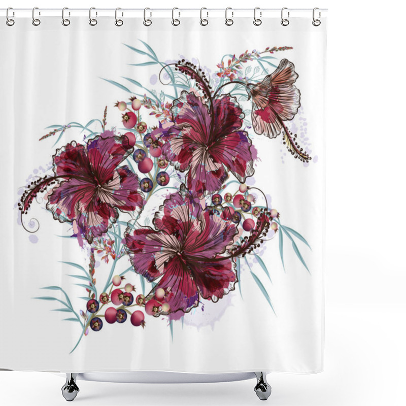 Personality  Fashion Vector Floral Illustration With Hibiscus Flowers Shower Curtains