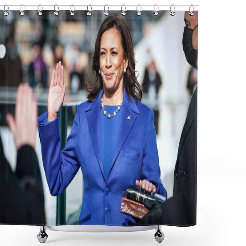 Personality  Washington D.C., USA - Jan 20 2021: U.S. Vice President Kamala Harris Takes The Oath Of Office, Being Sworn In Shower Curtains