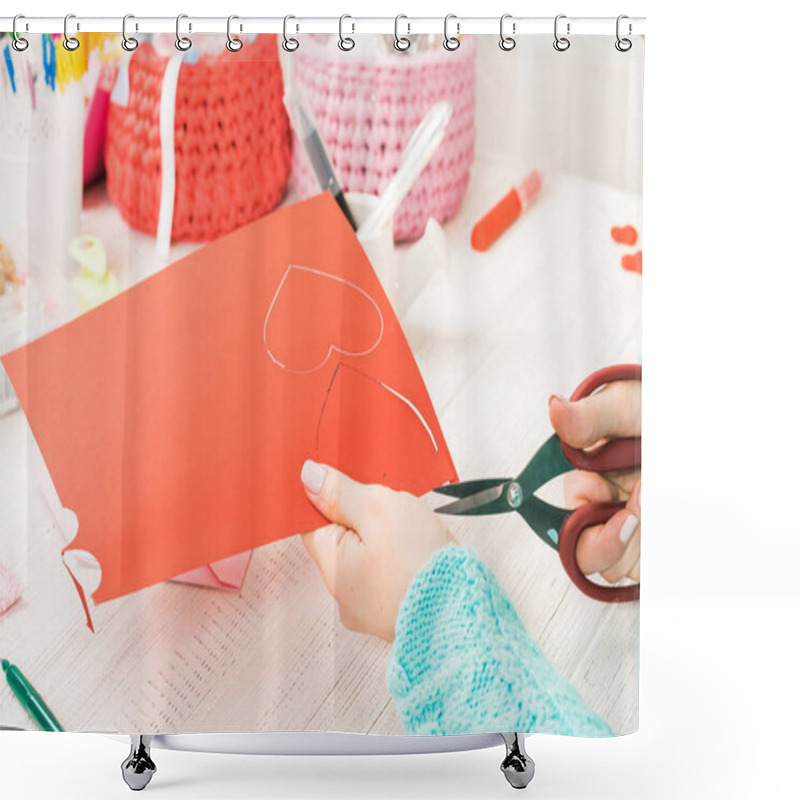 Personality  Valentine's Day Theme. Female Hands Cut The Heart Out Of The Paper. Packed Gifts, Tools On A Battered Wooden Table. Workplace For The Preparation Of Handmade Ornaments Shower Curtains