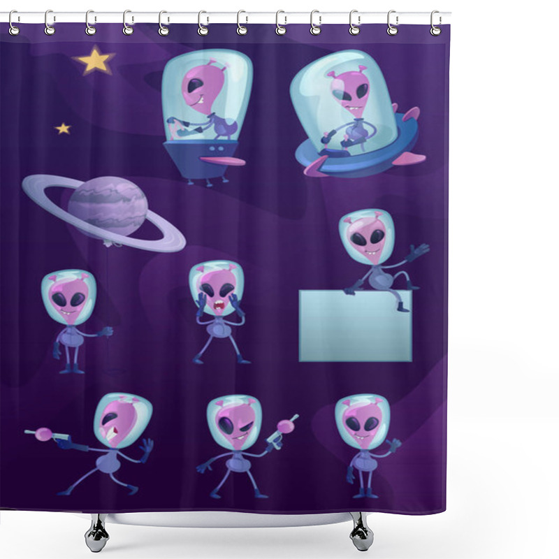 Personality  Extraterrestrial 2d Cartoon Character Illustrations Kit. Emotional Martian In Spacesuit, Purple Alien. Ready To Use One Comic Flat Hero Set Templates For Commercial, Animation, Printing Shower Curtains