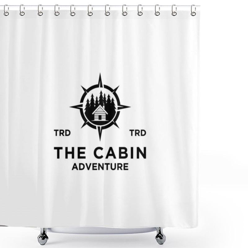 Personality  Premium Wooden Cabin, Pine Forest And Compass Signpost Retro Vector Black Logo Design Isolated White Background Shower Curtains