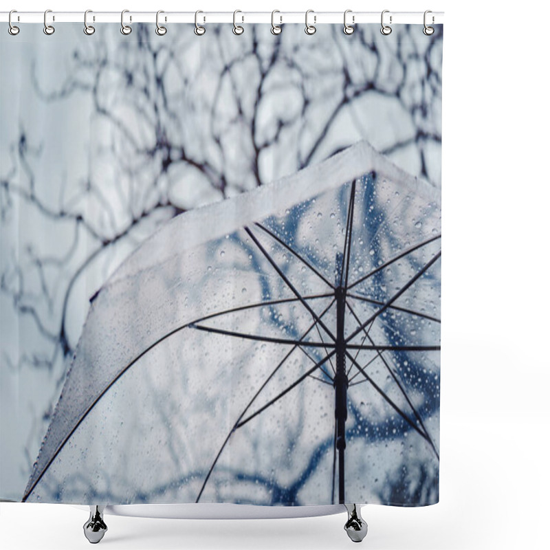 Personality  Raindrops Fall On Clear Umbrellas Under A Dry Tree Branch And Heavy Rain Thunderstorm Shower Curtains