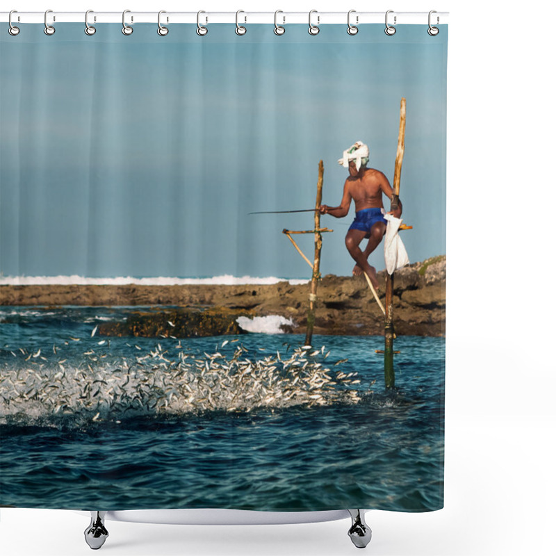 Personality  Sri Lankan Traditional Fisherman On Stick In The Indian Ocean Shower Curtains