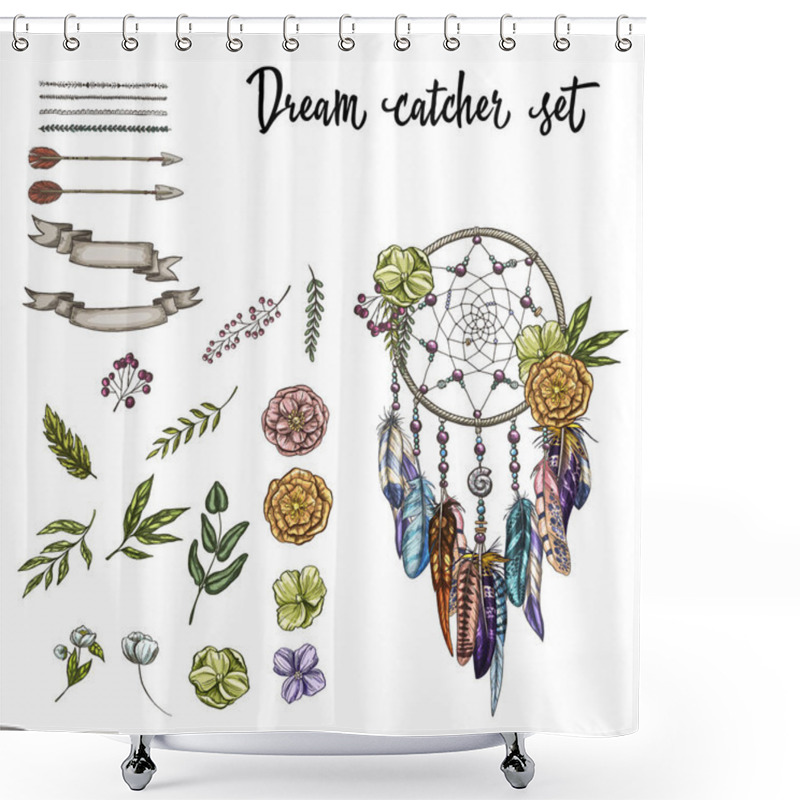 Personality  Set Of Hand Drawn Ornate Dreamcatcher, Flowers And Various Design Elements Isolated On White Background. Vector Illustration Shower Curtains