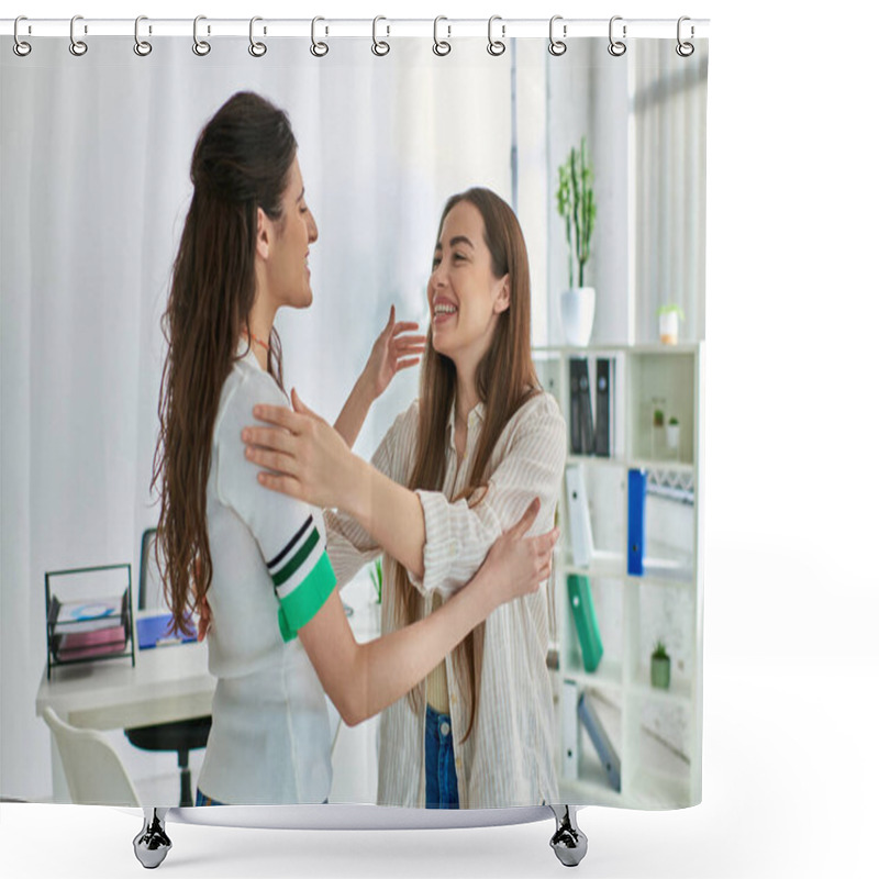 Personality  Cheerful Lesbian Couple Smiling And Preparing To Hug Each Other, In Vitro Fertilization Concept Shower Curtains