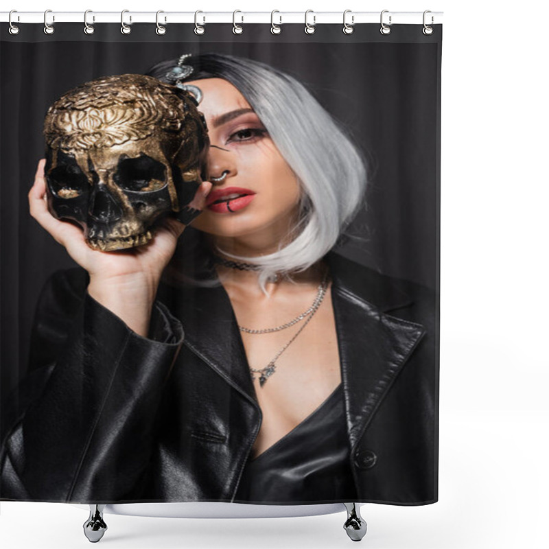 Personality  Woman In Witch Halloween Costume Holding Spooky Golden Skull Near Face Isolated On Black Shower Curtains