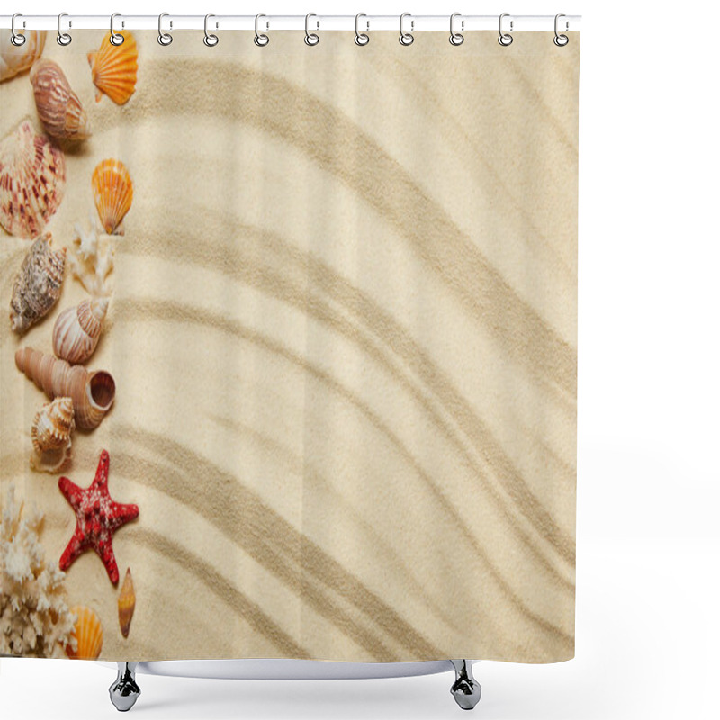 Personality  Flat Lay Of Seashells, Red Starfish And Corals On Sandy Beach  Shower Curtains