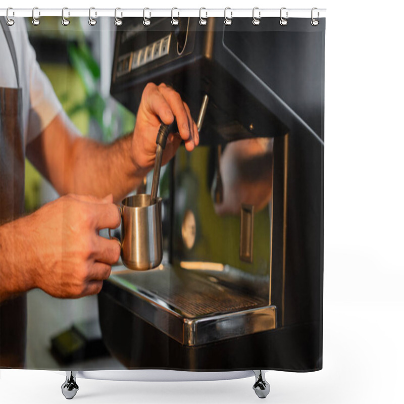 Personality  Cropped View Of Barista Frothing Milk In Pitcher On Coffee Machine While Working In Coffee Shop Shower Curtains