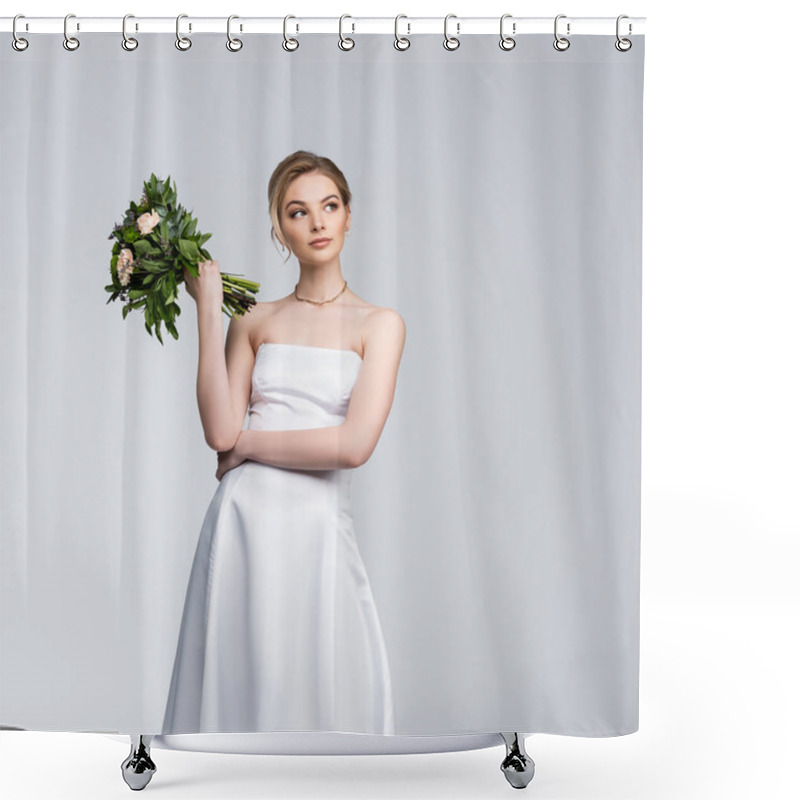 Personality  Pensive Girl In White Wedding Dress Holding Bouquet Of Flowers Isolated On Grey  Shower Curtains