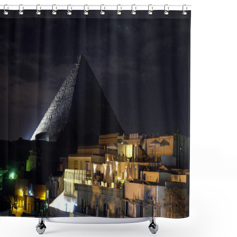 Personality  Great Pyramids Of Giza With Sphinx Light Show View From Rooftop At Night Shower Curtains