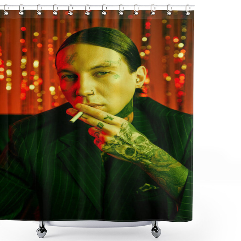 Personality  A Man Dressed In A Suit Smoking A Cigarette Outdoors Shower Curtains