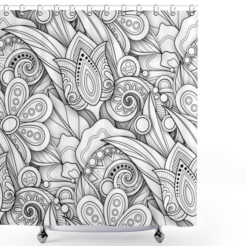 Personality  Monochrome Seamless Pattern With Floral Motifs. Endless Texture With Flowers And Leaves In Doodle Line Style Shower Curtains