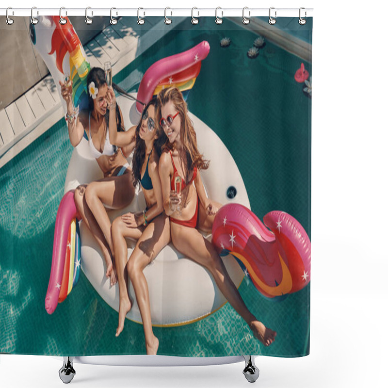 Personality  Top View Of Attractive Young Women In Swimwear Smiling And Drinking Champagne While Floating On Inflatable Unicorn In Swimming Pool Outdoors Shower Curtains