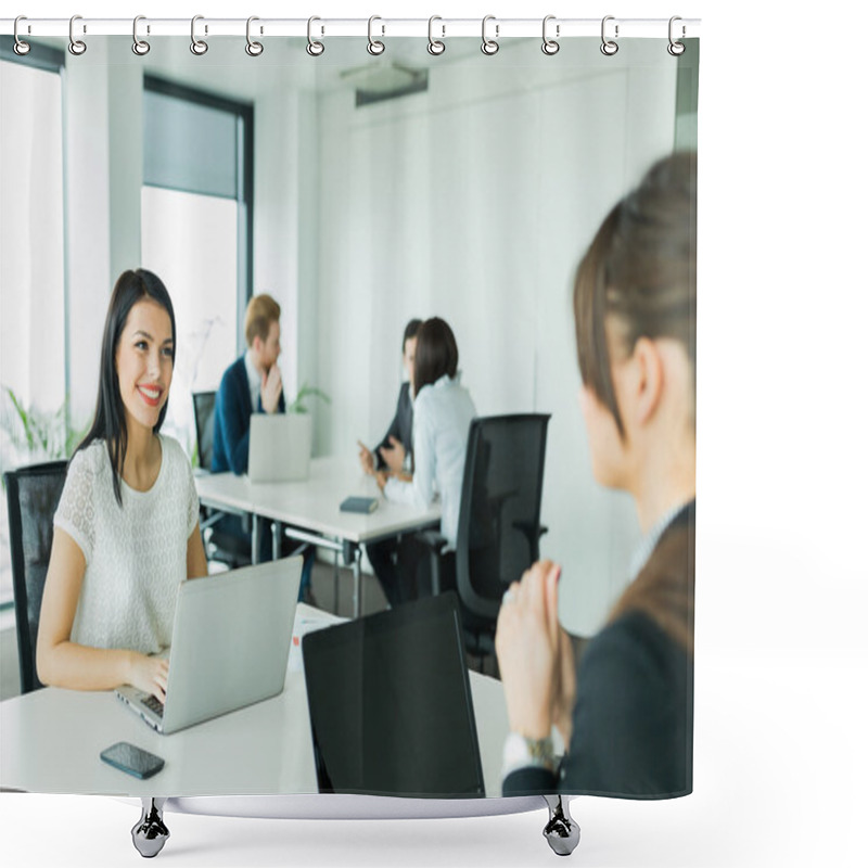 Personality  Businesswomen Exchanging Thoughts In A Office Shower Curtains