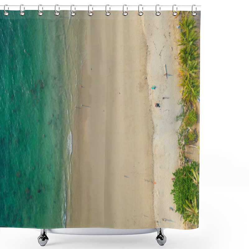 Personality  Aerial View White Sand Beach Palm Tree Turquoise Water Summer Vacation Concept Shower Curtains