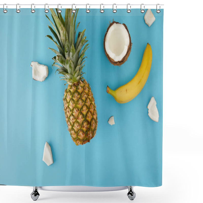 Personality  Flat Lay With Ripe Pineapple, Banana And Coconut Pieces Isolated On Blue Shower Curtains