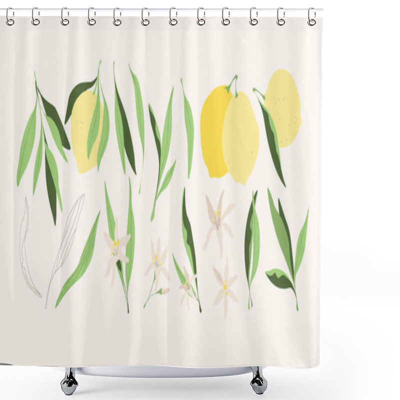 Personality  Yellow Lemons Vector Illustrations. Modern Trendy Hand Drawn Isolated Digital Citrus Fruits With Leaves For Logo, Print, Web, App Design. Natural Juicy Yellow Lemon Fruits, Leaves And Flowers. Shower Curtains