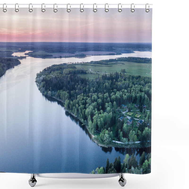 Personality  Aerial View To The Lake And Forest. Photo Made With Drone. Shower Curtains