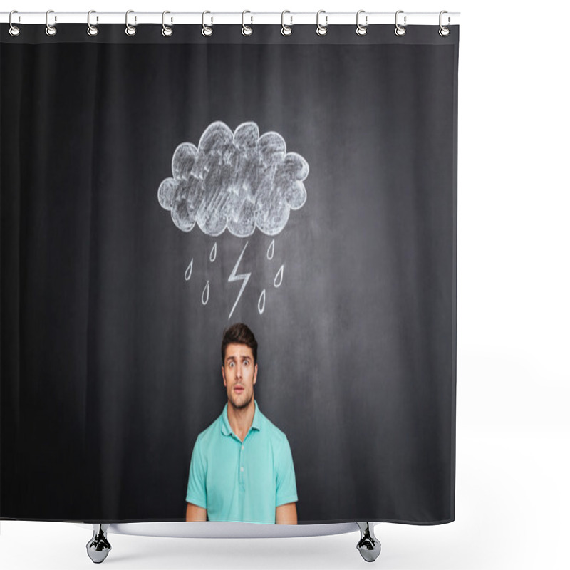 Personality  Surprised Astonished Man Standing Under Raincloud Drawn On Blackboard Background Shower Curtains