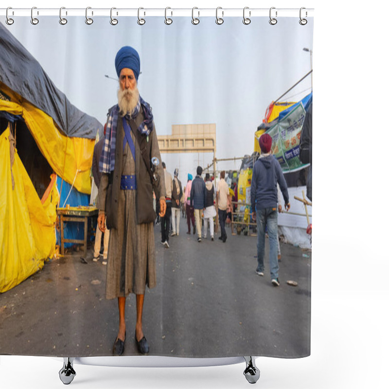 Personality  NEW DELHI, INDIA - JANUARY 2021 : Portrait Of Old Sikh Indian Farmers From Different States Protests At Ghazipur Border. Farmers Are Protesting Against The New Farm Laws In India. Shower Curtains