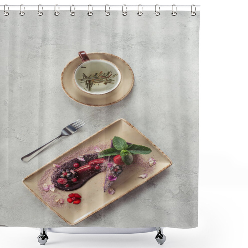 Personality  Food Composition With Piece Of Blueberry Cake Served With Mint Leaves And Violet Petals On Plate And Cup Of Herbal Tea On Grey Tabletop Shower Curtains