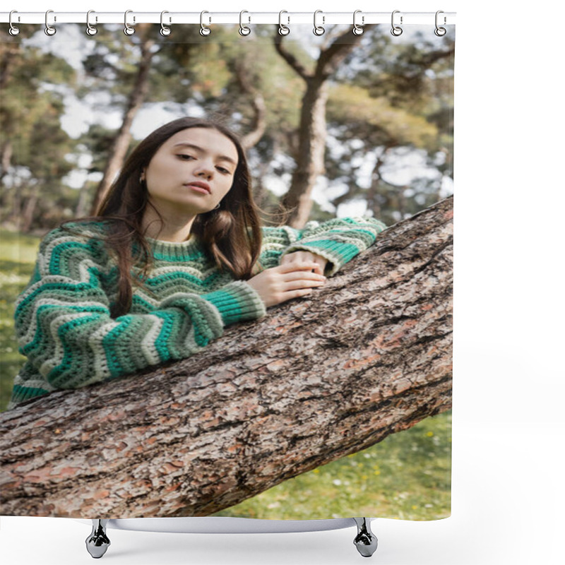 Personality  Portrait Of Young Woman In Sweater Looking At Camera Near Tree In Blurred Park  Shower Curtains