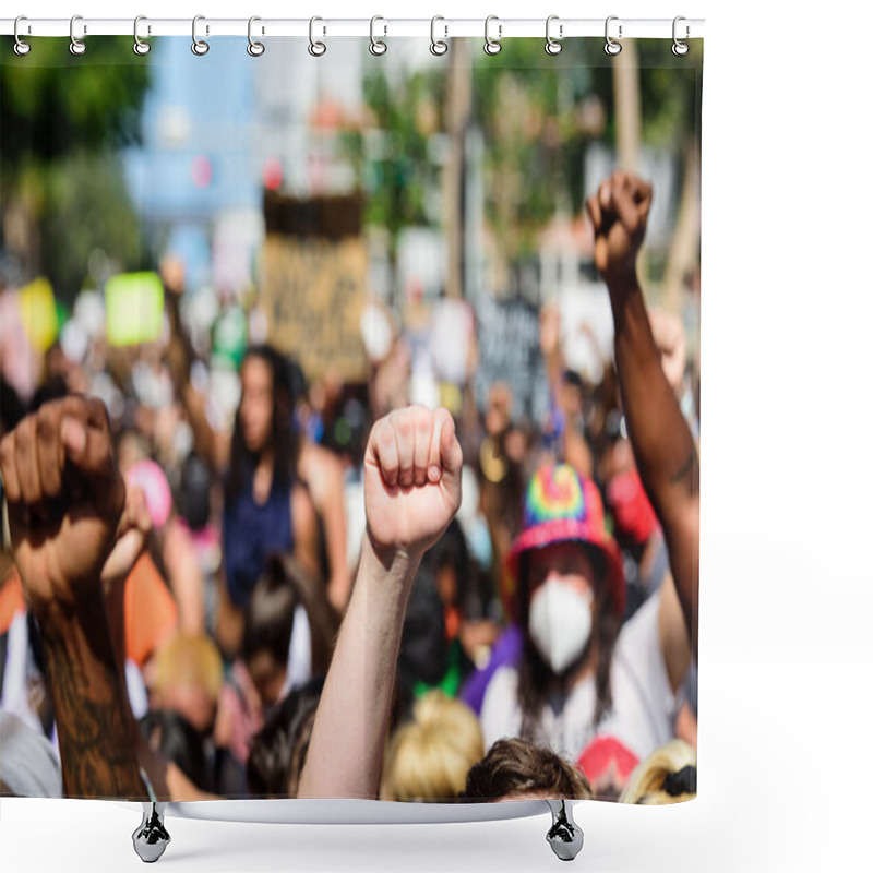 Personality  Miami Downtown, FL, USA - MAY 31, 2020: White And Black Fist Near. White And Black People Protest Against Racism Together. Shower Curtains