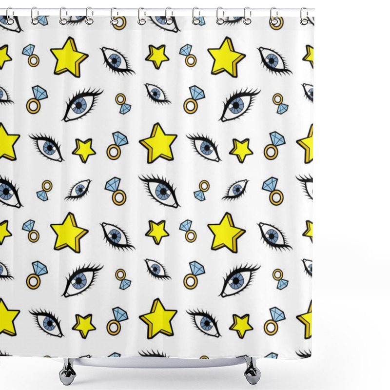 Personality  Stars Diamonds And Eyes Seamless Pattern. Fashion Background In Retro Comic Style. Vector Illustration Shower Curtains