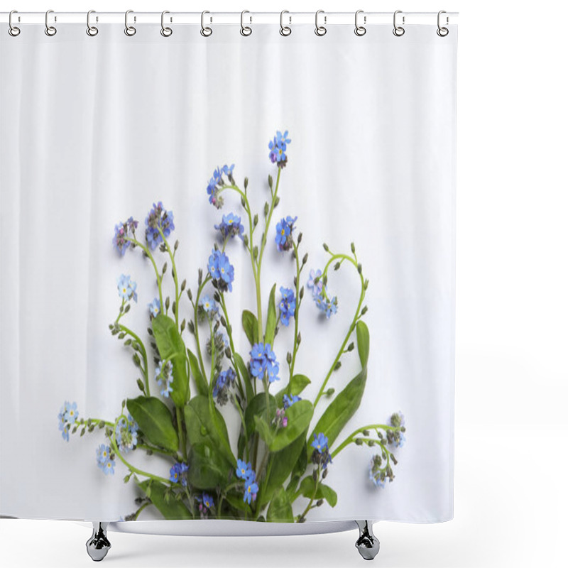 Personality  Beautiful Blue Forget-me-not Flowers On White Background, Top View Shower Curtains