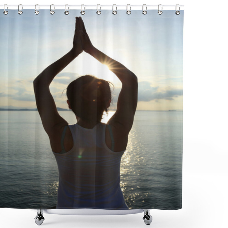 Personality  Healthy Yoga Woman Meditating At Sunrise Seaside Shower Curtains