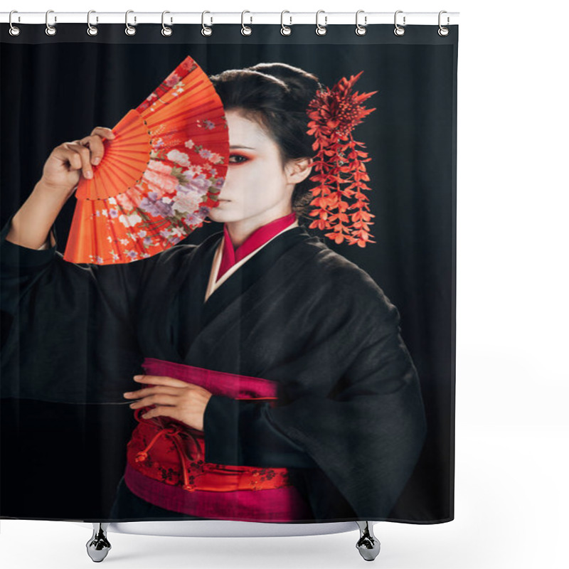 Personality  Beautiful Geisha In Black Kimono With Red Flowers In Hair Hiding Behind Traditional Hand Fan Isolated On Black Shower Curtains