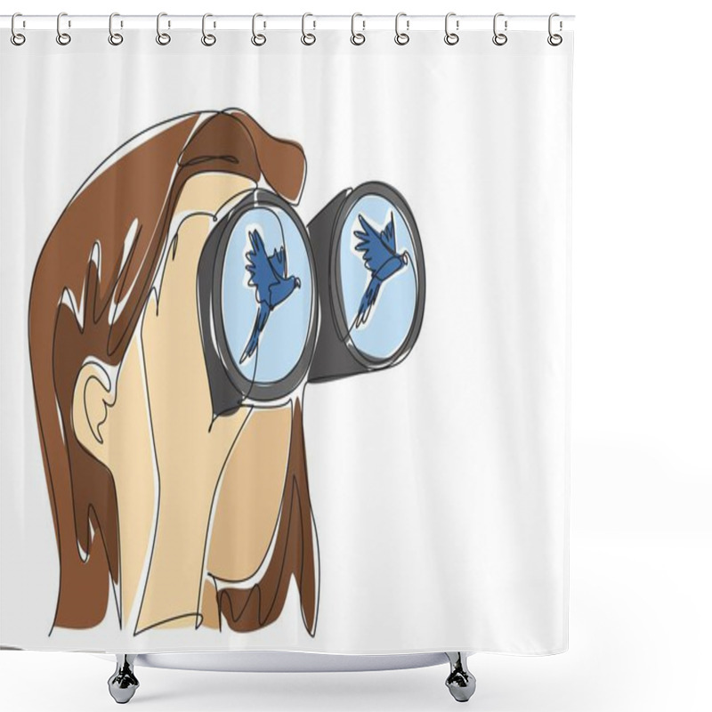 Personality  Single One Line Drawing A Woman Holds A Binocular With One Of Her Hands And Watches A Parrot Fly. Observing The Way Of Flying. National Go Birding Day. Continuous Line Design Graphic Illustration Shower Curtains