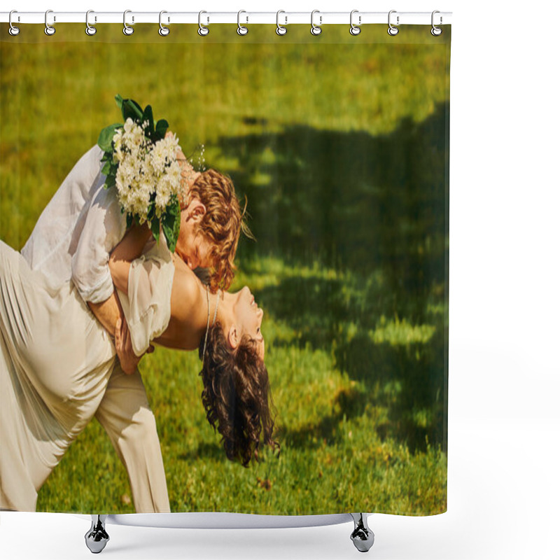 Personality  Young Redhead Groom Hugging And Kissing Asian Bride With Flowers On Green Meadow, Rustic Wedding Shower Curtains