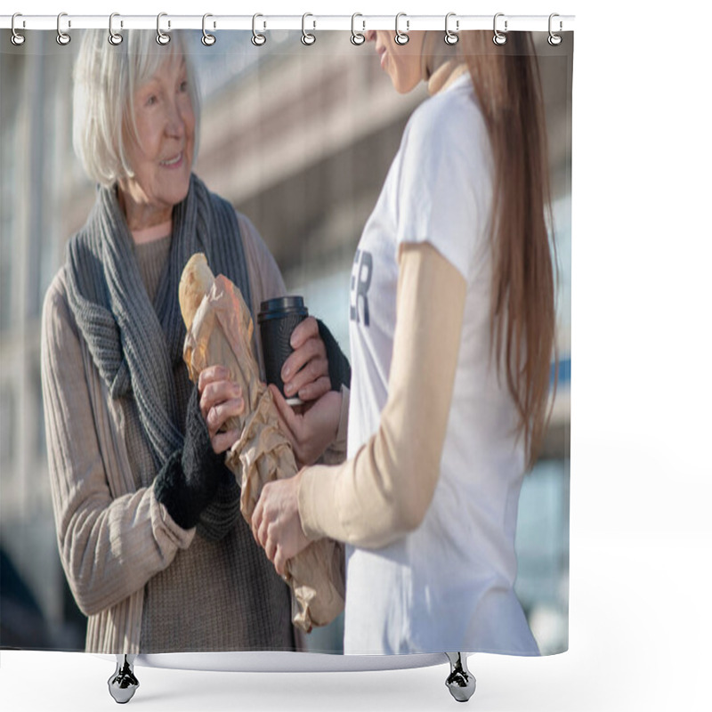 Personality  Homeless Pensioner Smiling While Seeing Volunteer With Bread And Tea Shower Curtains