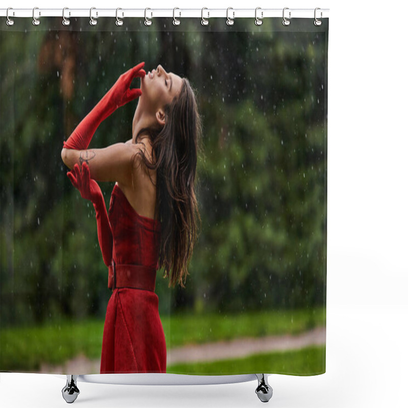 Personality  A Stylish Young Woman In A Flowing Red Dress Stands Gracefully Under The Falling Rain, Embracing The Serene Beauty Of Nature. Shower Curtains