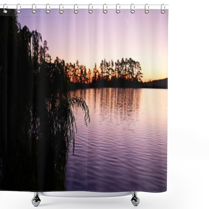 Personality  Sunset Sky, Lake Or Landscape In Nature For Wallpaper, Calm Environment Or Peaceful Aesthetic. Trees, Water Or Horizon At Swamp For Travel, Ecosystem Or Reflection With Tranquility At River In Sweden. Shower Curtains